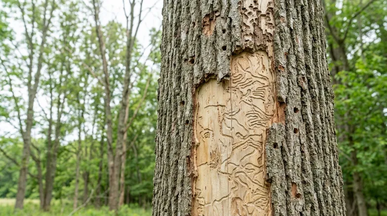 A close view of an ash trunk with the bark peeled back to show the winding larval galleries and small D-shaped exit holes left by emerald ash borer.