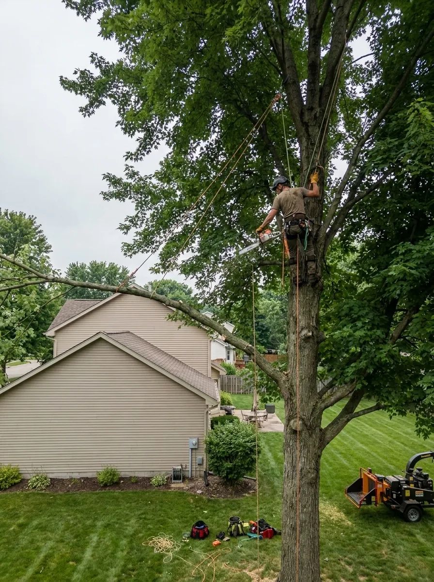 A tree care climber roped into the upper crown of a large hardwood, making a clearance cut on a long limb reaching toward a house roof.