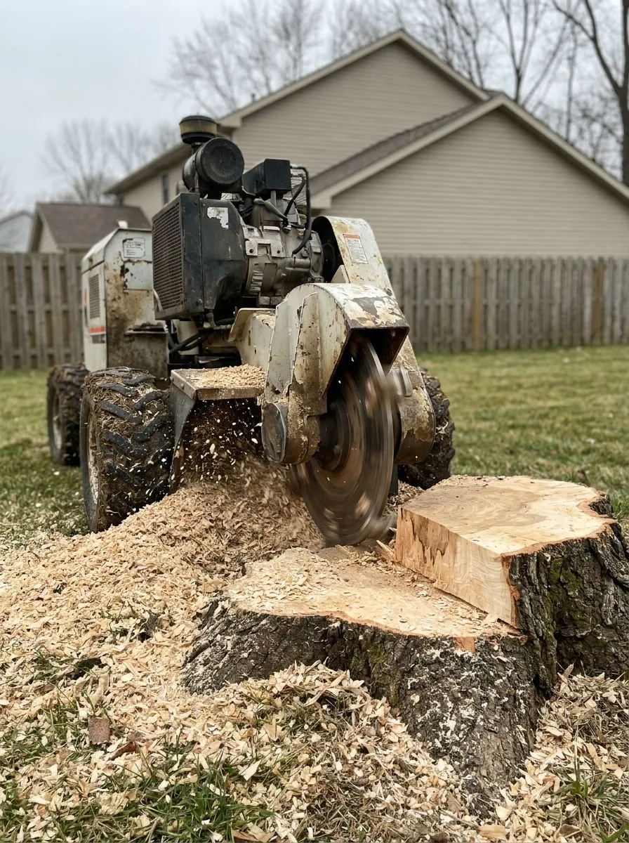 A self-propelled stump grinder with its cutting wheel engaged against a wide hardwood stump, throwing fresh pale chips.