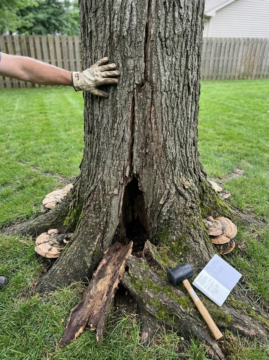 The base of a large hardwood being inspected: a gloved hand beside a long vertical split and an open hollow cavity, with shelf fungus along the root flare.