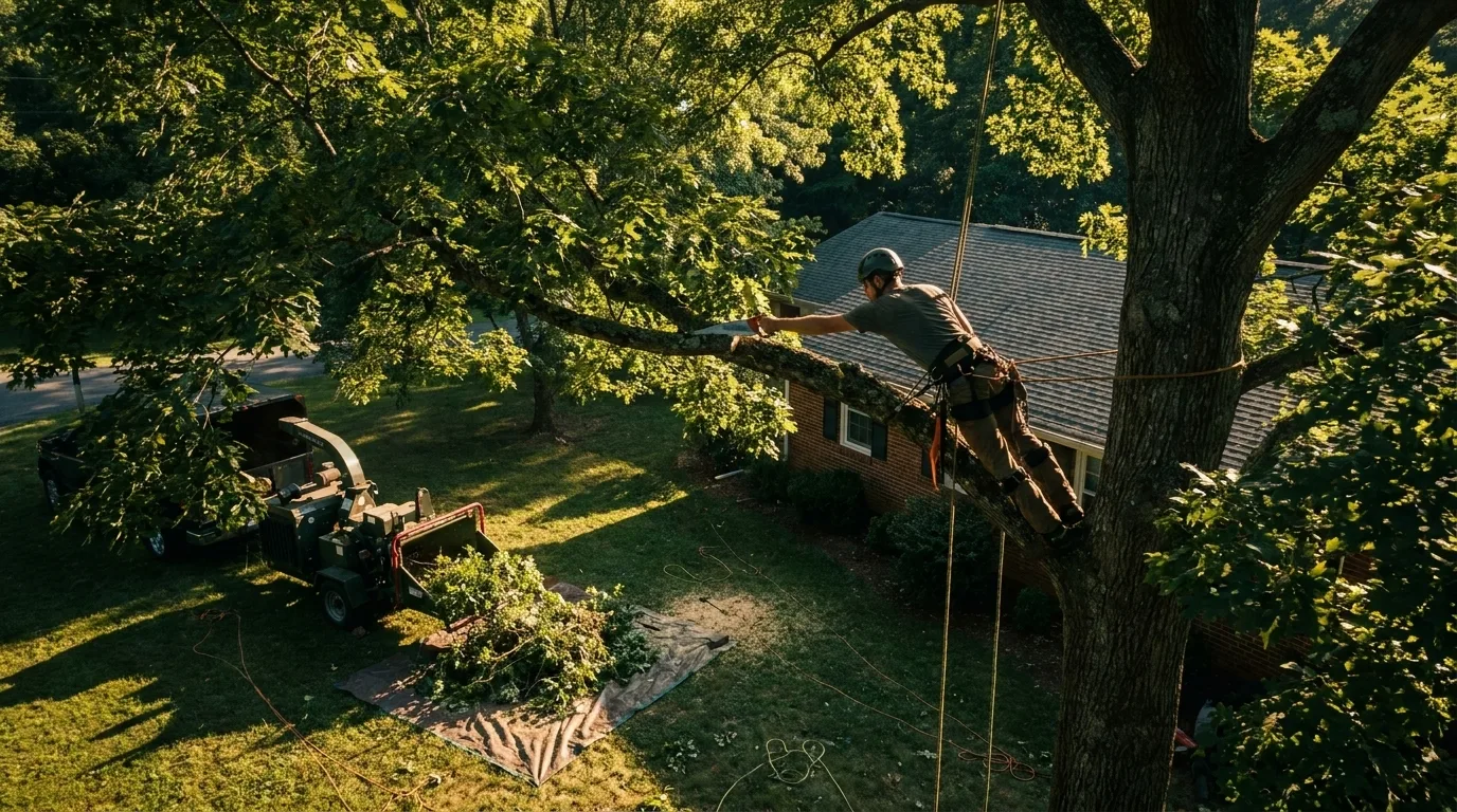 A climber roped into the crown of a large leafing hardwood on a saddle and climbing line, cutting a lateral limb back for clearance above a house roof, with a chipper and a brush tarp on the lawn below.