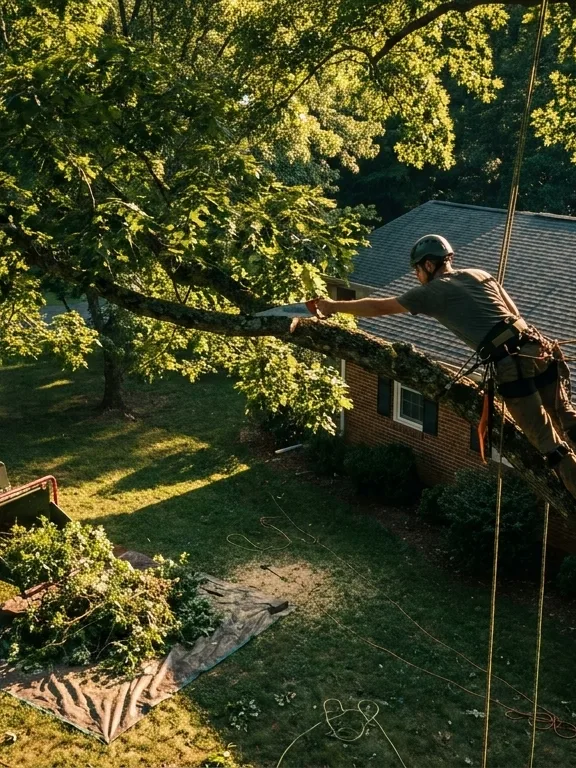 A climber roped into the crown of a large leafing hardwood on a saddle and climbing line, cutting a lateral limb back for clearance above a house roof, with a chipper and a brush tarp on the lawn below.