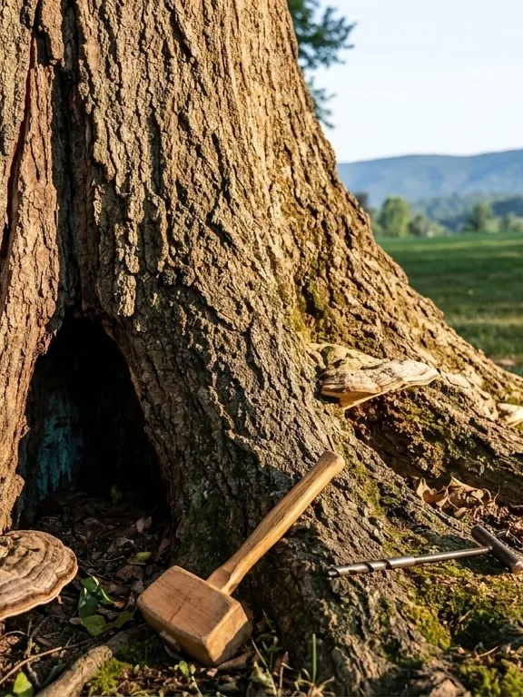The base of a very large hardwood being inspected: a gloved hand rests on the bark beside a long vertical split and an open hollow cavity, with shelf fungus growing along the root flare and a sounding mallet set down on the roots.