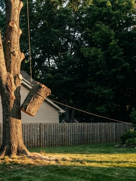 A section of trunk hanging on a rigging line partway down a stripped hardwood during a sectional tree removal, with a crew member in a helmet and high-visibility clothing tending the line from the lawn.