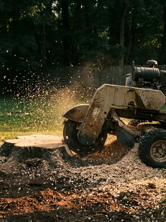 A self-propelled stump grinder with its cutting wheel engaged against a wide hardwood stump, throwing fresh pale chips as the wheel takes the stump down toward ground level.